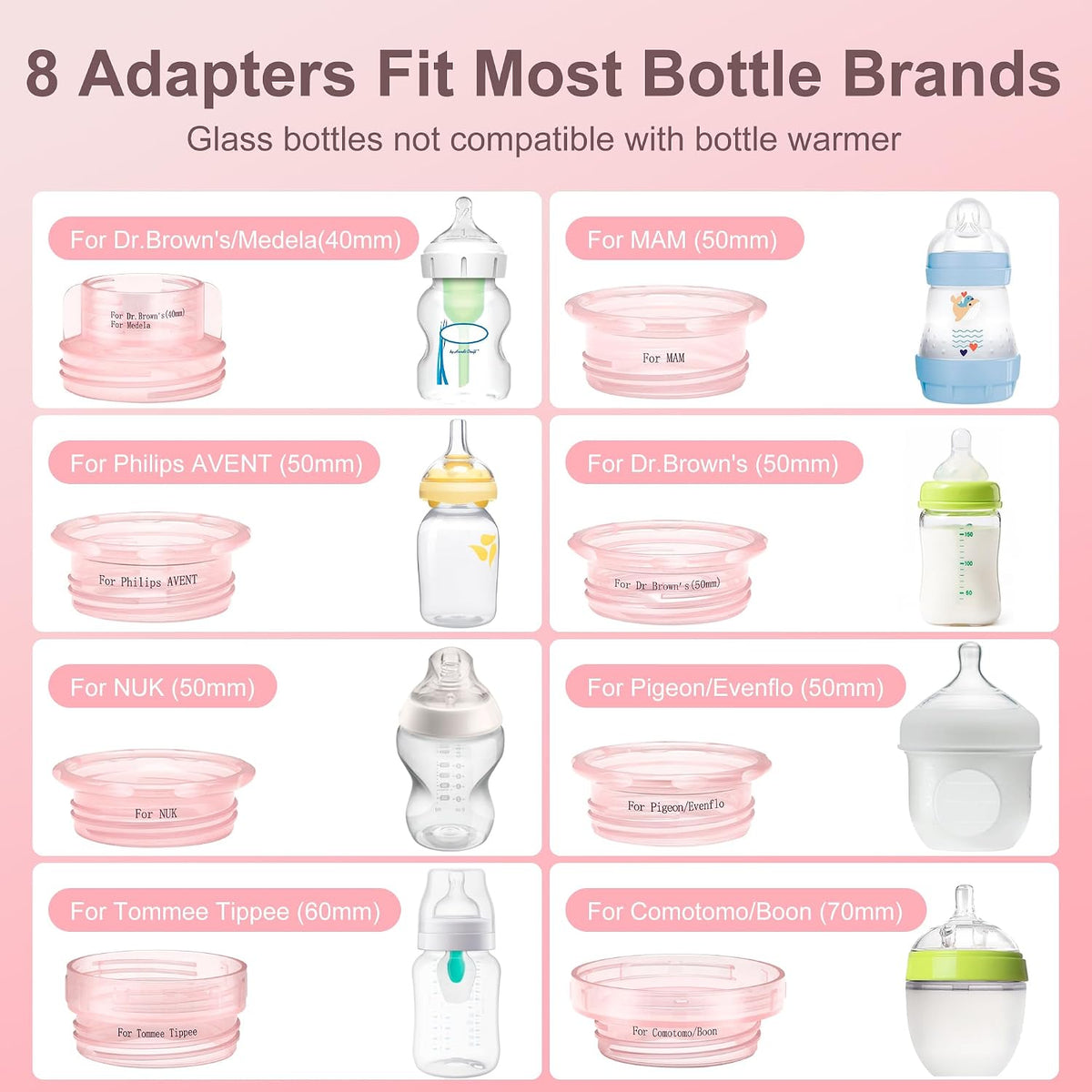 Portable Bottle Warmer for Travel, Cordless Baby Bottle Warmer, Rechargeable, 8 Adapters, 1 Milk Powder Container, Compatible with Most Bottle, Fast Heating, Pink