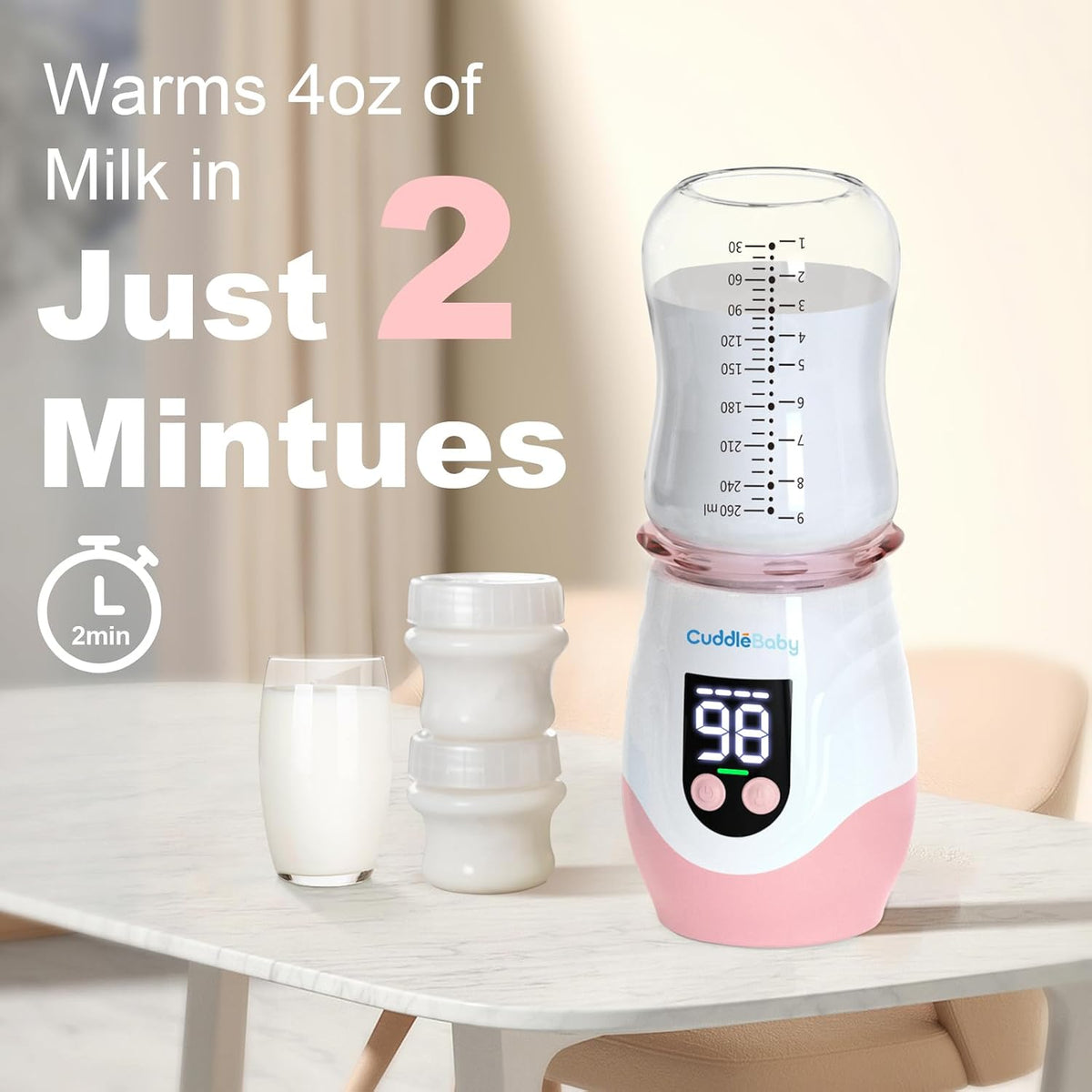 Portable Bottle Warmer for Travel, Cordless Baby Bottle Warmer, Rechargeable, 8 Adapters, 1 Milk Powder Container, Compatible with Most Bottle, Fast Heating, Pink