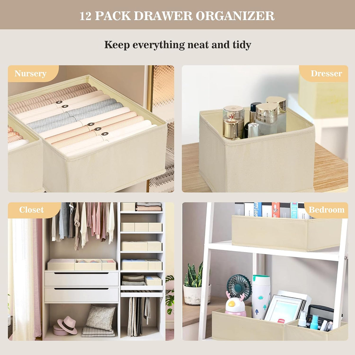 Dresser Drawer Organizers, Drawer Organizer Clothes Set for Nursery, Closet, Bedroom-12 Pack Foldable Fabric Drawers Organizer Storage Dividers for Sock, Bra, Lingerie, Undies, Baby Clothes, Beige