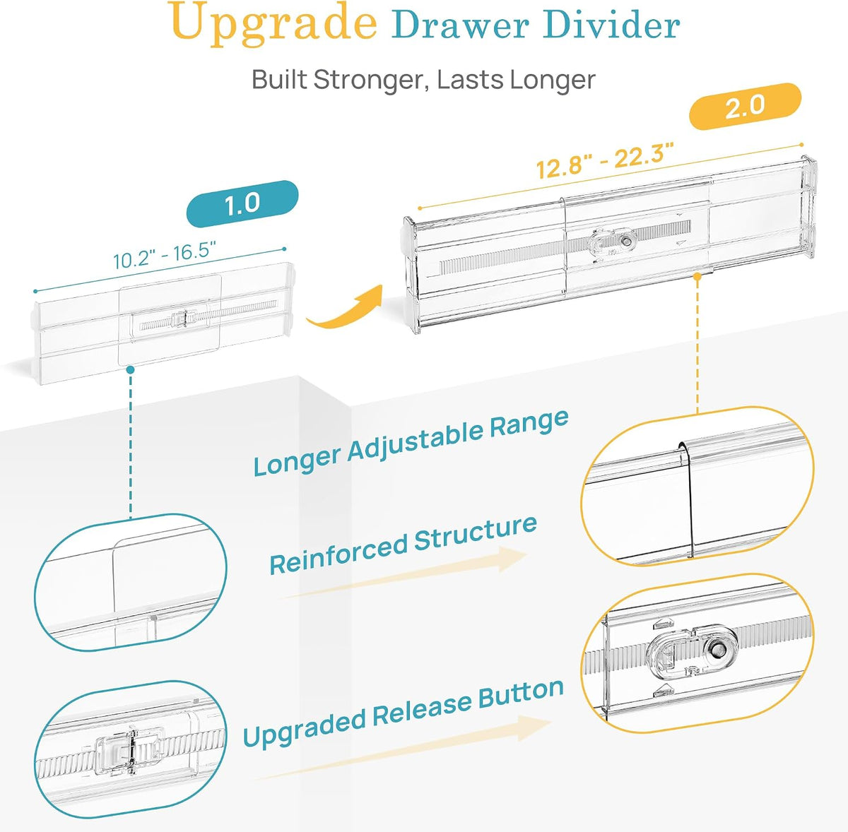 6" Tall Upgrade Drawer Dividers, 12.8"-22.3" Expandable, 8 Pack