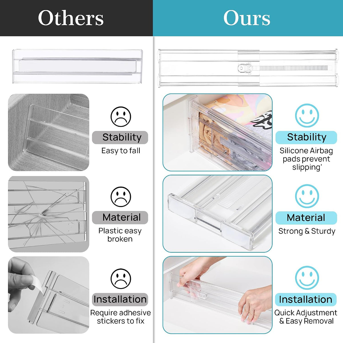 6" Tall Upgrade Drawer Dividers, 12.8"-22.3" Expandable, 8 Pack