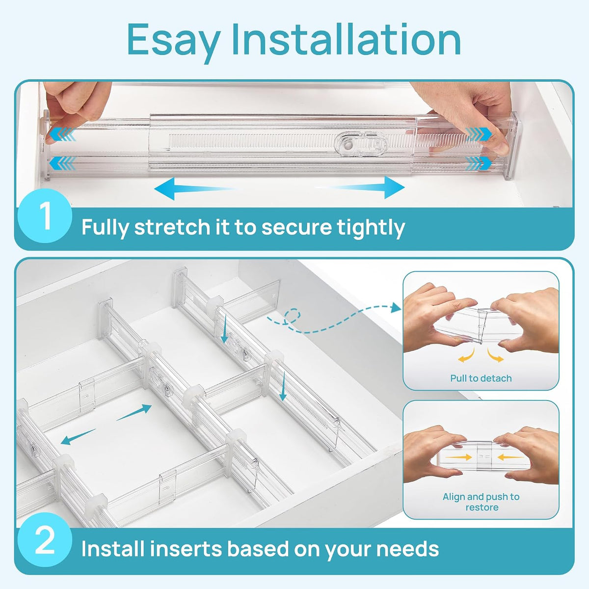 6" Tall Upgrade Drawer Dividers, 12.8"-22.3" Expandable, 8 Pack