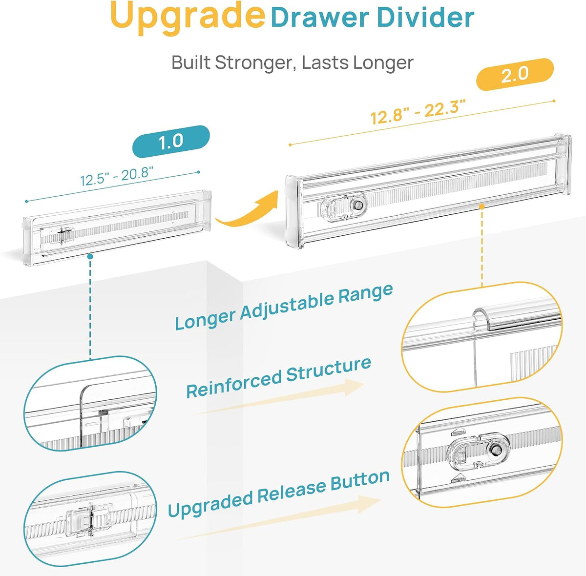 6" Tall Upgrade Drawer Dividers, 12.8"-22.3" Expandable, 8 Pack