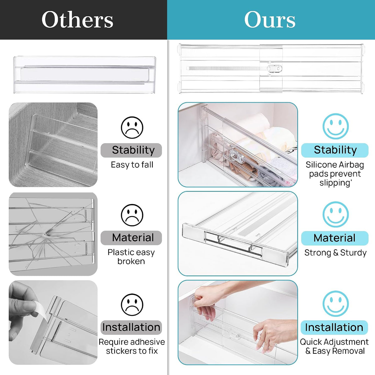 6" Tall Upgrade Drawer Dividers, 12.8"-22.3" Expandable, 8 Pack