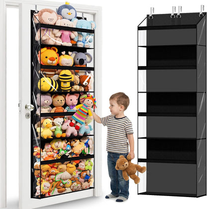 UVIAHOMI Heavy Duty Stuffed Animal Storage, 4-Tier Clear Extra Large Over The Door Organizer for Stuffies, Baby Ideas Holder, Toy Plush Hanging Organizer Big Girls Toddler Bag Animals Stuffy, Black