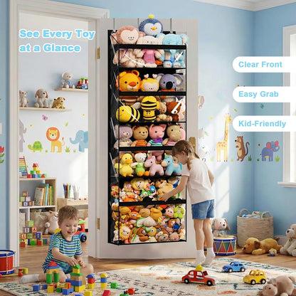 UVIAHOMI Heavy Duty Stuffed Animal Storage, 4-Tier Clear Extra Large Over The Door Organizer for Stuffies, Baby Ideas Holder, Toy Plush Hanging Organizer Big Girls Toddler Bag Animals Stuffy, Black