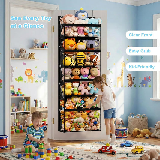UVIAHOMI Heavy Duty Stuffed Animal Storage, 4-Tier Clear Extra Large Over The Door Organizer for Stuffies, Baby Ideas Holder, Toy Plush Hanging Organizer Big Girls Toddler Bag Animals Stuffy, Black