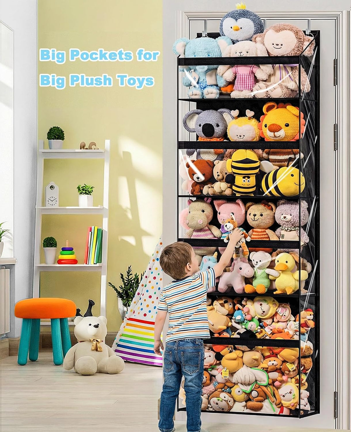 UVIAHOMI Heavy Duty Stuffed Animal Storage, 4-Tier Clear Extra Large Over The Door Organizer for Stuffies, Baby Ideas Holder, Toy Plush Hanging Organizer Big Girls Toddler Bag Animals Stuffy, Black
