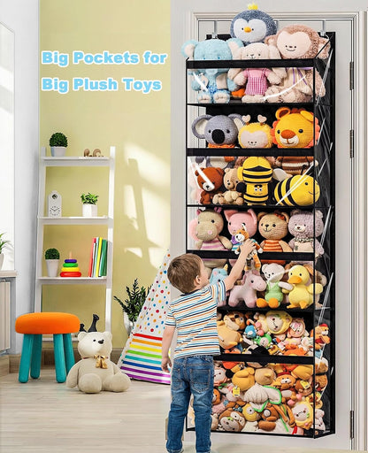 UVIAHOMI Heavy Duty Stuffed Animal Storage, 4-Tier Clear Extra Large Over The Door Organizer for Stuffies, Baby Ideas Holder, Toy Plush Hanging Organizer Big Girls Toddler Bag Animals Stuffy, Black