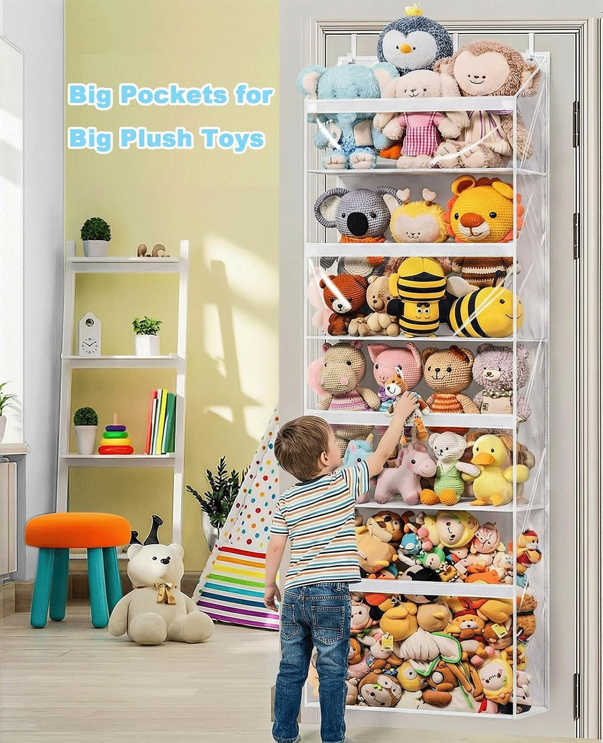 UVIAHOMI Heavy Duty Stuffed Animal Storage, 4-Tier Clear Extra Large Over The Door Organizer for Stuffies, Baby Ideas Holder, Toy Plush Hanging Organizer Big Girls Toddler Bag Animals Stuffy, Black