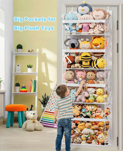 UVIAHOMI Heavy Duty Stuffed Animal Storage, 4-Tier Clear Extra Large Over The Door Organizer for Stuffies, Baby Ideas Holder, Toy Plush Hanging Organizer Big Girls Toddler Bag Animals Stuffy, Black