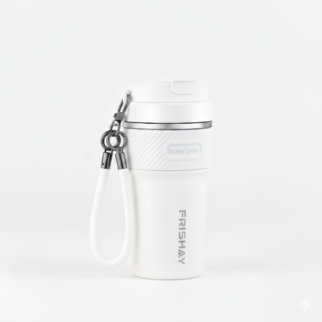 FRISHAY 16 oz Ceramic Lined Travel Mug, Vacuum Insulated Coffee Tumbler with Flip Lid & Carry Strap, SUS316 Stainless Steel Interior, Leak Resistant Coffee Cup for Office, Car, Commute & Travel-White