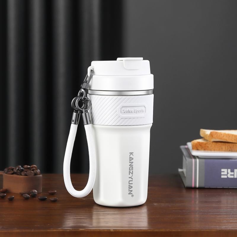 FRISHAY 16 oz Ceramic Lined Travel Mug, Vacuum Insulated Coffee Tumbler with Flip Lid & Carry Strap, SUS316 Stainless Steel Interior, Leak Resistant Coffee Cup for Office, Car, Commute & Travel-White
