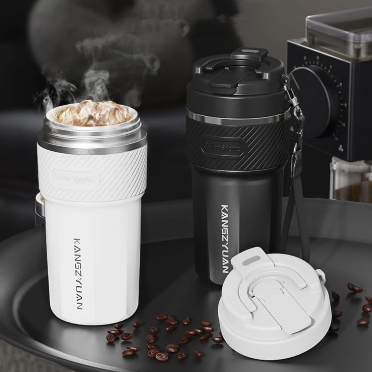 FRISHAY 16 oz Ceramic Lined Travel Mug, Vacuum Insulated Coffee Tumbler with Flip Lid & Carry Strap, SUS316 Stainless Steel Interior, Leak Resistant Coffee Cup for Office, Car, Commute & Travel-White