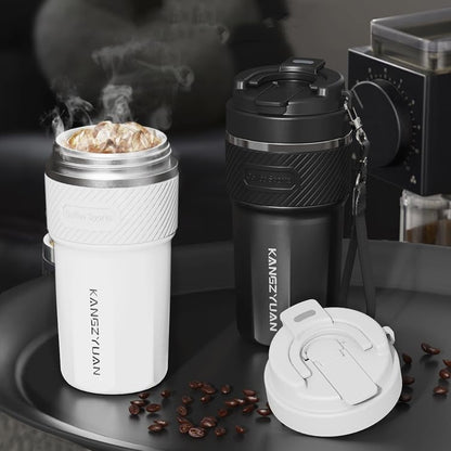 FRISHAY 16 oz Ceramic Lined Travel Mug, Vacuum Insulated Coffee Tumbler with Flip Lid & Carry Strap, SUS316 Stainless Steel Interior, Leak Resistant Coffee Cup for Office, Car, Commute & Travel-White