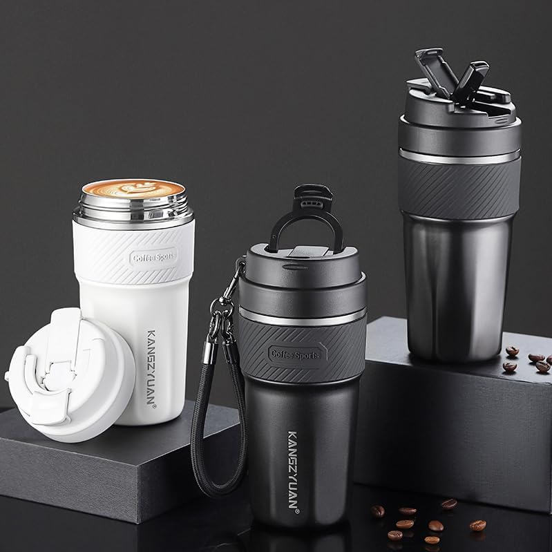 FRISHAY 16 oz Ceramic Lined Travel Mug, Vacuum Insulated Coffee Tumbler with Flip Lid & Carry Strap, SUS316 Stainless Steel Interior, Leak Resistant Coffee Cup for Office, Car, Commute & Travel-White