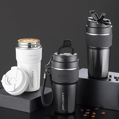 FRISHAY 16 oz Ceramic Lined Travel Mug, Vacuum Insulated Coffee Tumbler with Flip Lid & Carry Strap, SUS316 Stainless Steel Interior, Leak Resistant Coffee Cup for Office, Car, Commute & Travel-White