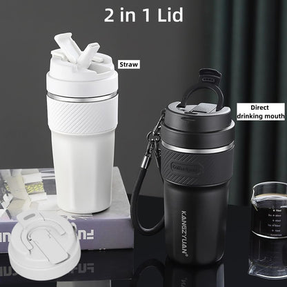 FRISHAY 16 oz Ceramic Lined Travel Mug, Vacuum Insulated Coffee Tumbler with Flip Lid & Carry Strap, SUS316 Stainless Steel Interior, Leak Resistant Coffee Cup for Office, Car, Commute & Travel-White