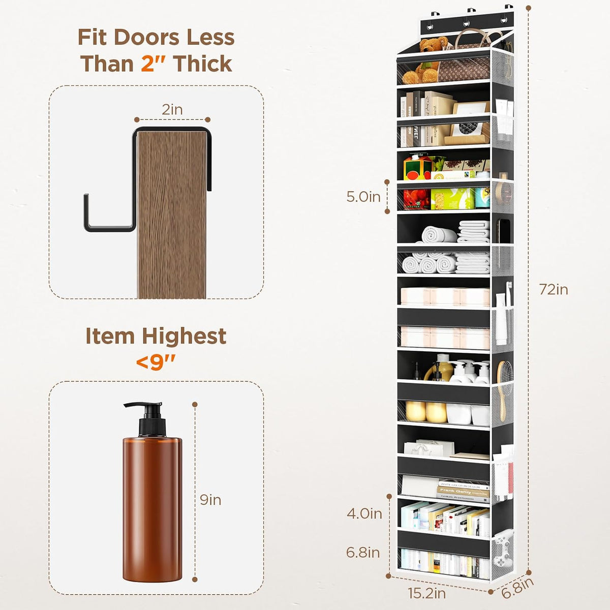 Over The Door Organizer, 6 Tiers Behind The Door Storage Hanging Shelves