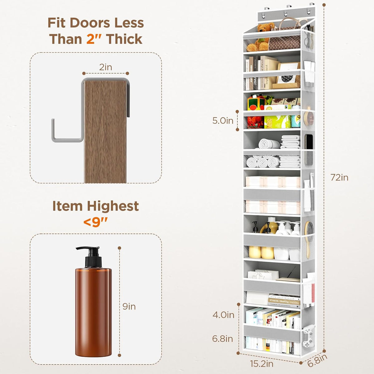 Over The Door Organizer, 6 Tiers Behind The Door Storage Hanging Shelves