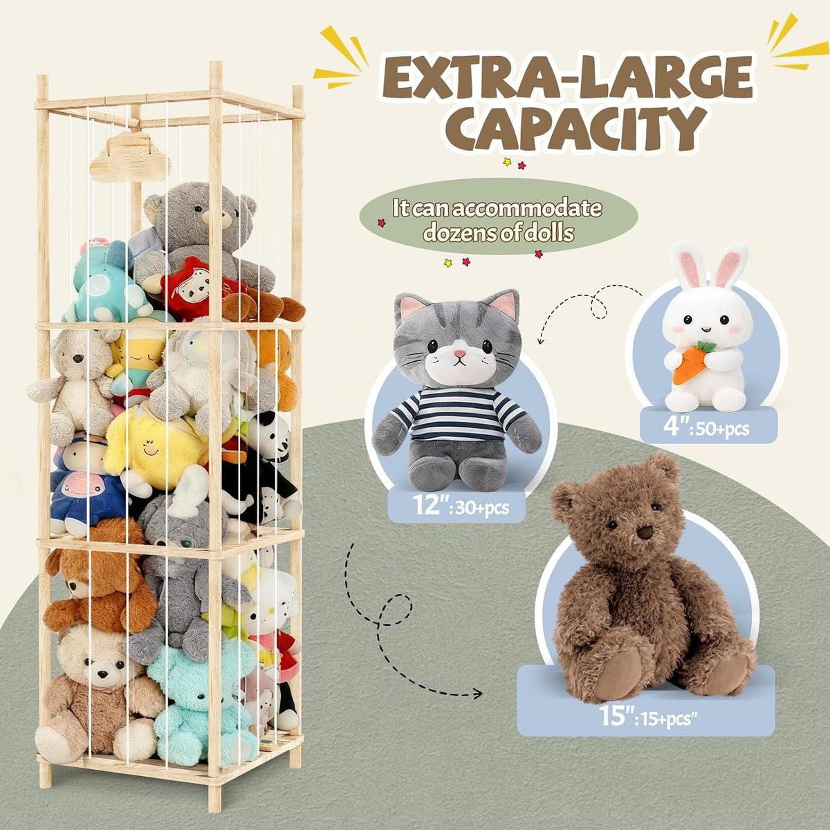 Stuffed Animal Storage Large Capacity Organizer, Soft Toy Storage Holds 50+ Stuffed Animals, Natural Pine with Smooth Rounded Edges, Stuffed Animal Zoo for Bedroom Playroom Room Decor