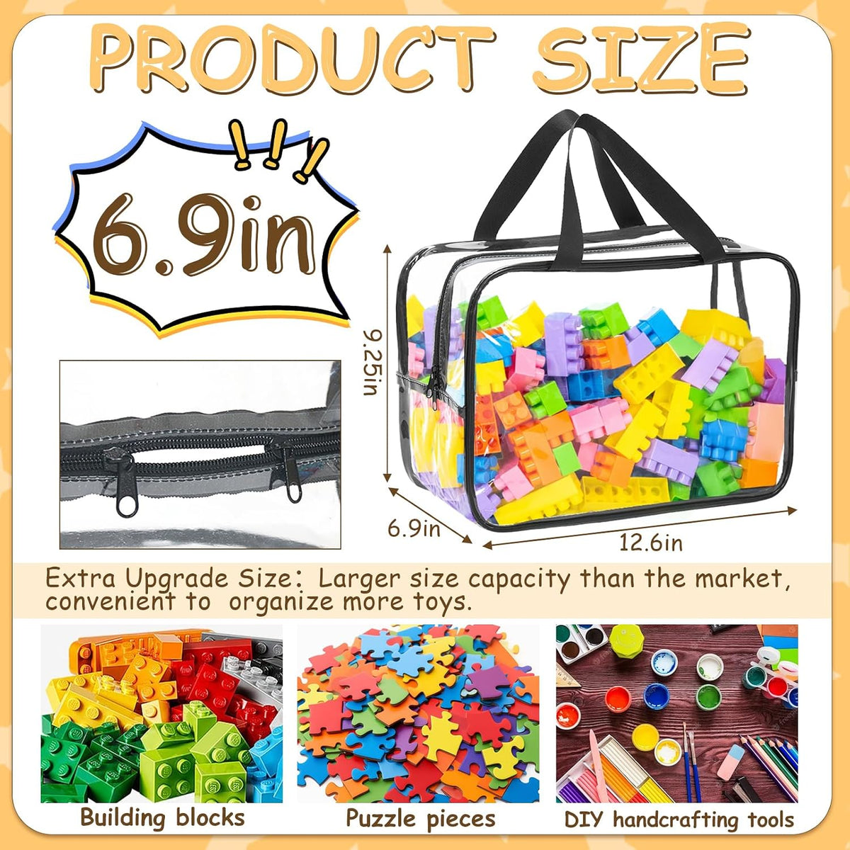 6Pcs Large+3Pcs Medium Toy Storage Bags with Dual Zippers, Handheld, Labels