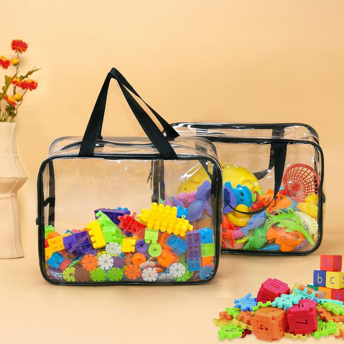 6Pcs Large+3Pcs Medium Toy Storage Bags with Dual Zippers, Handheld, Labels