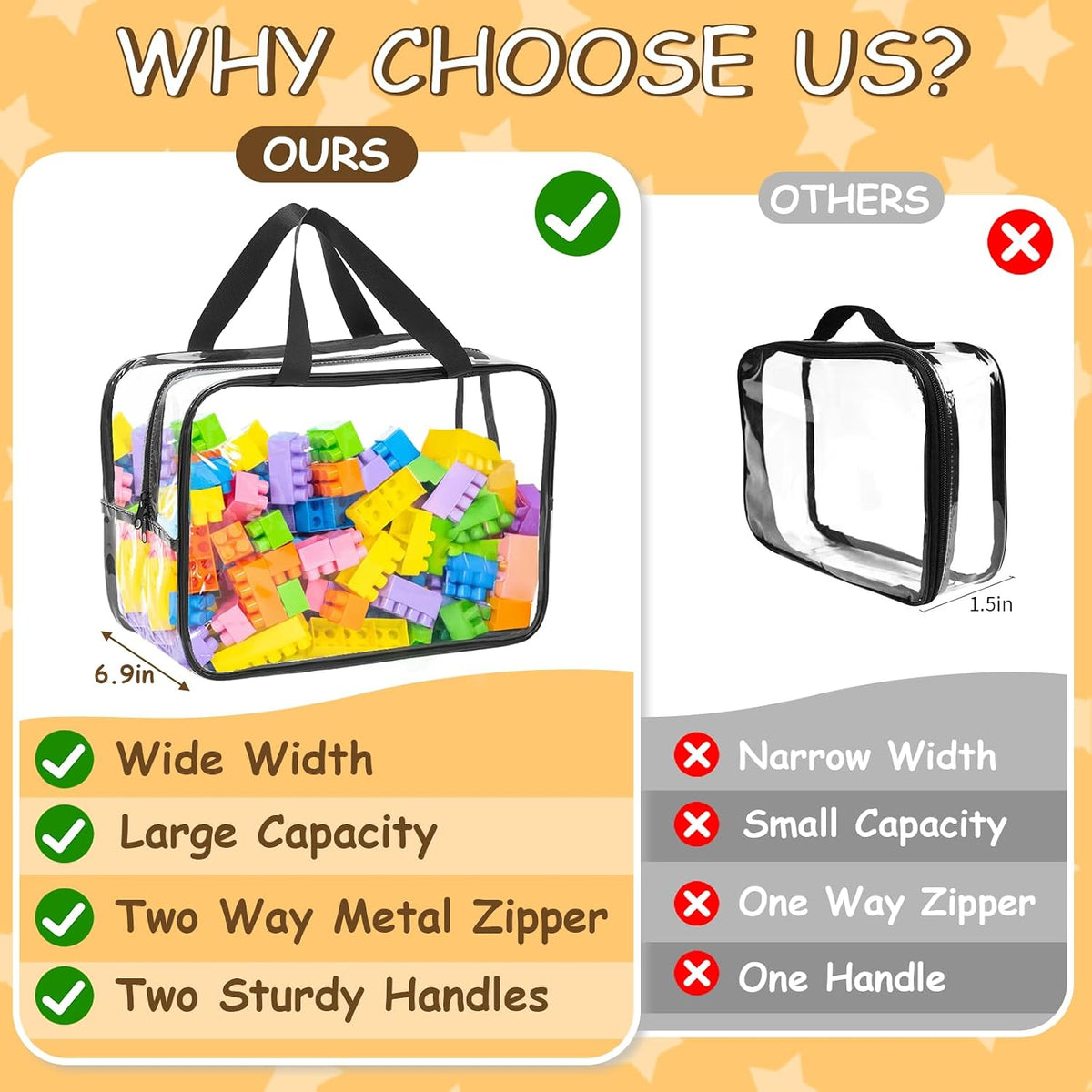 6Pcs Large+3Pcs Medium Toy Storage Bags with Dual Zippers, Handheld, Labels