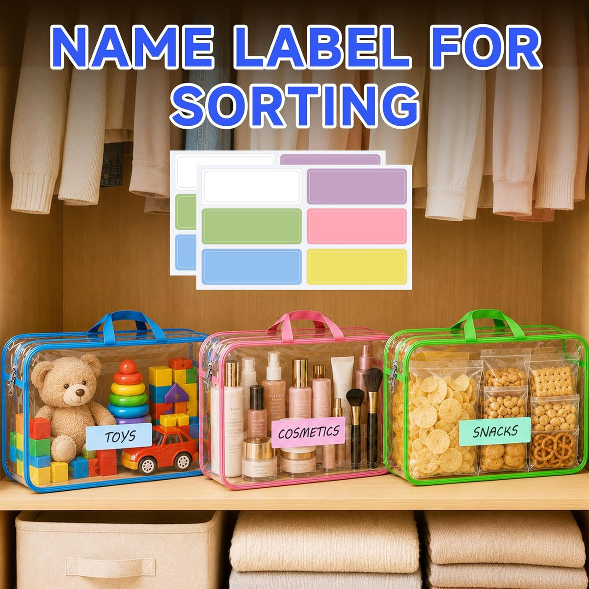 6Pcs Large+3Pcs Medium Toy Storage Bags with Dual Zippers, Handheld, Labels