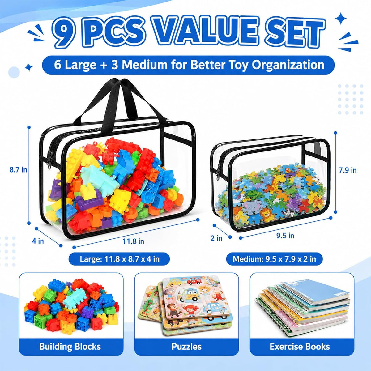 6Pcs Large+3Pcs Medium Toy Storage Bags with Dual Zippers, Handheld, Labels