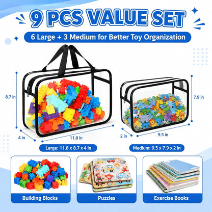 6Pcs Large+3Pcs Medium Toy Storage Bags with Dual Zippers, Handheld, Labels