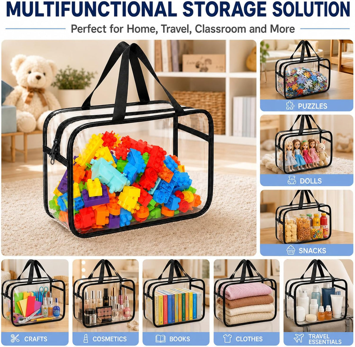 6Pcs Large+3Pcs Medium Toy Storage Bags with Dual Zippers, Handheld, Labels