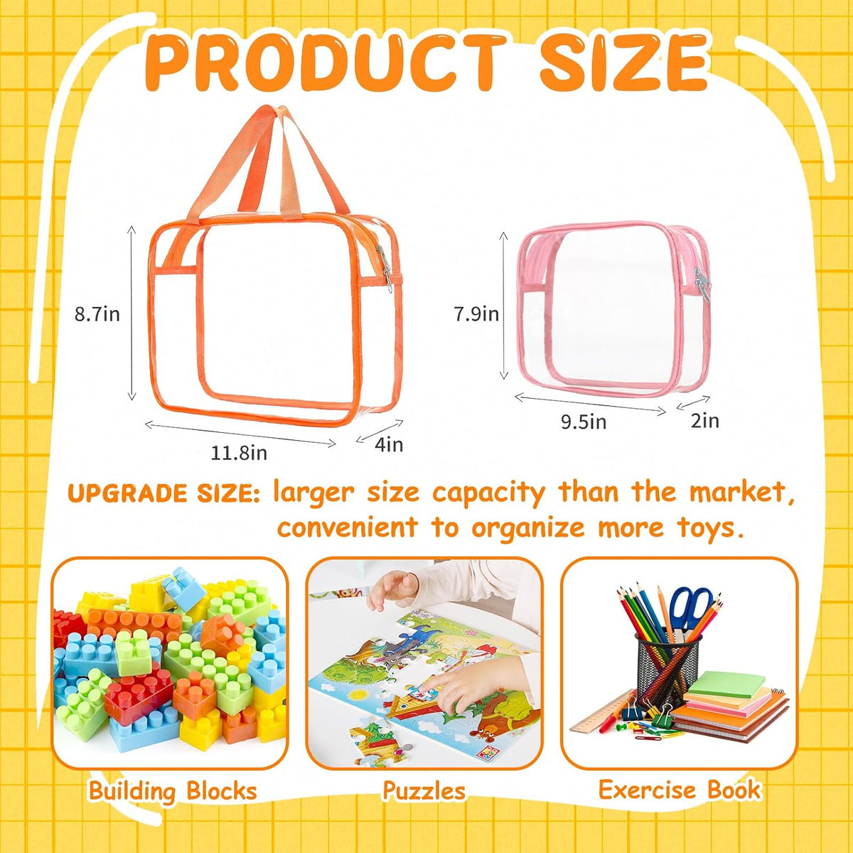 6Pcs Large+3Pcs Medium Toy Storage Bags with Dual Zippers, Handheld, Labels