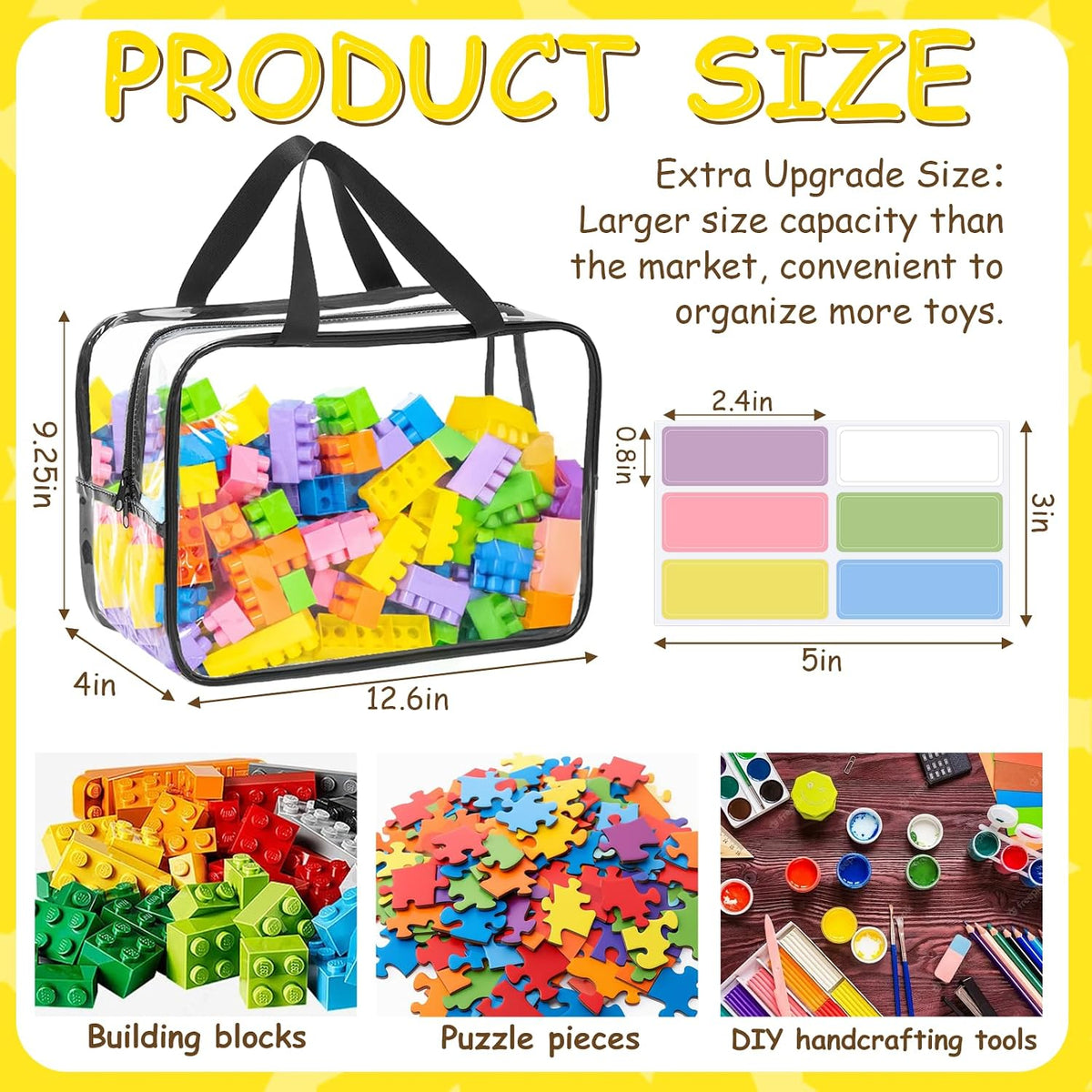 6Pcs Large+3Pcs Medium Toy Storage Bags with Dual Zippers, Handheld, Labels