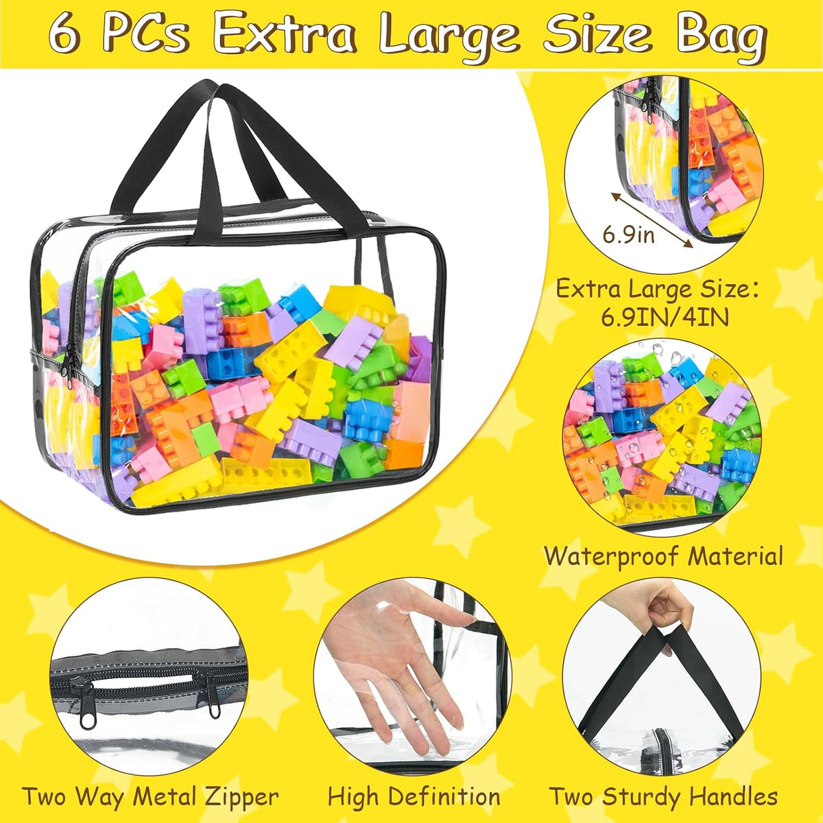 6Pcs Large+3Pcs Medium Toy Storage Bags with Dual Zippers, Handheld, Labels