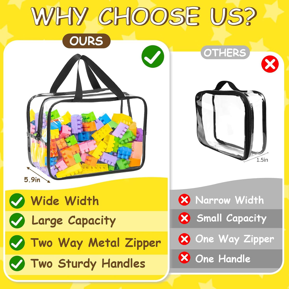 6Pcs Large+3Pcs Medium Toy Storage Bags with Dual Zippers, Handheld, Labels