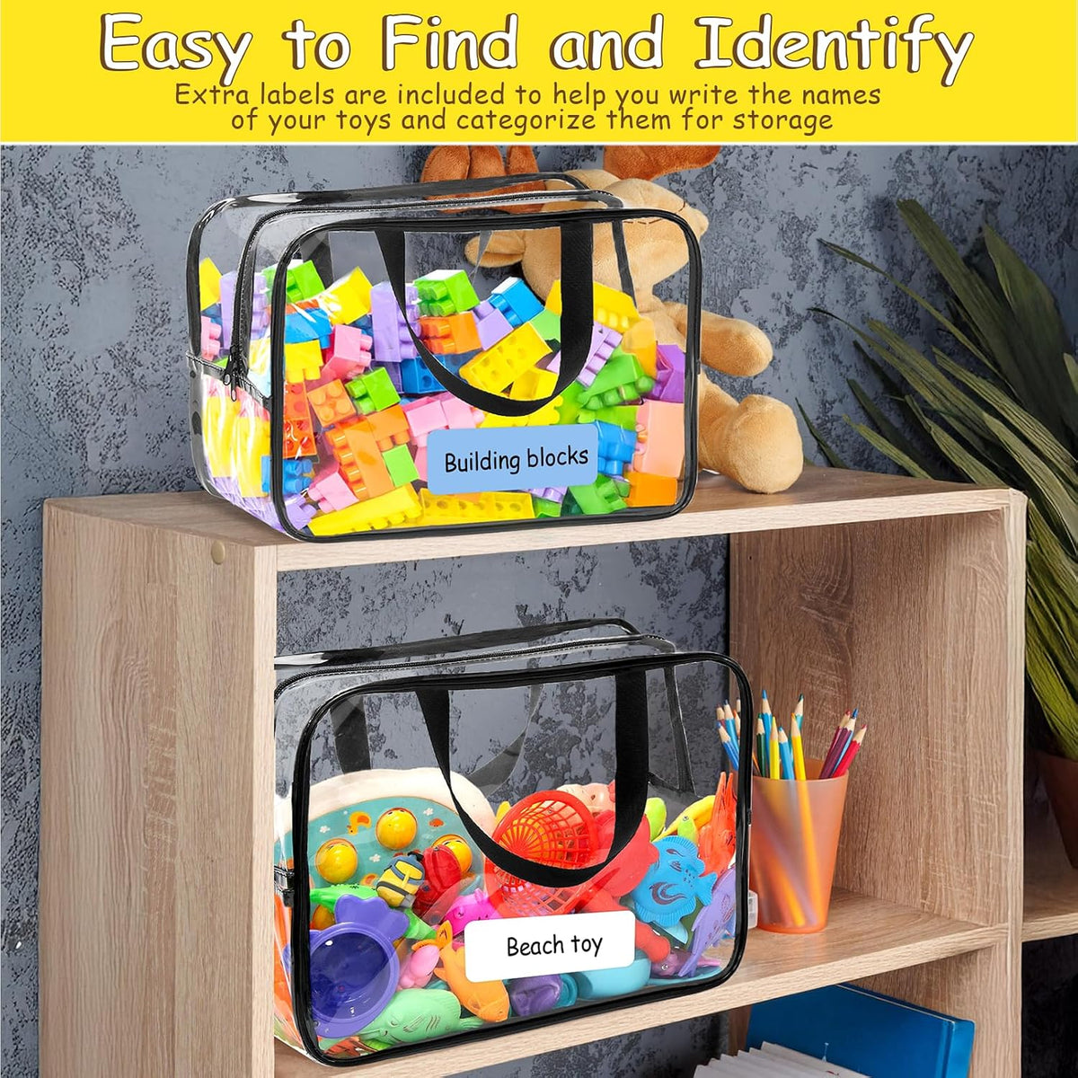 6Pcs Large+3Pcs Medium Toy Storage Bags with Dual Zippers, Handheld, Labels