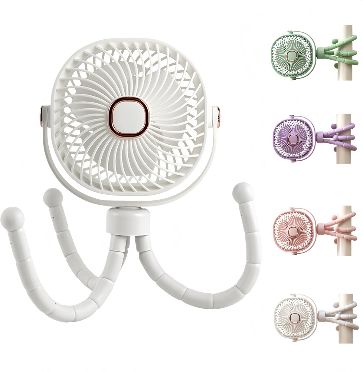 Square USB Rechargeable Octopus Mini Fan, Flexible Tripod, Phone Holder & Quiet Wind, Portable Stroller Fan (White, Large)