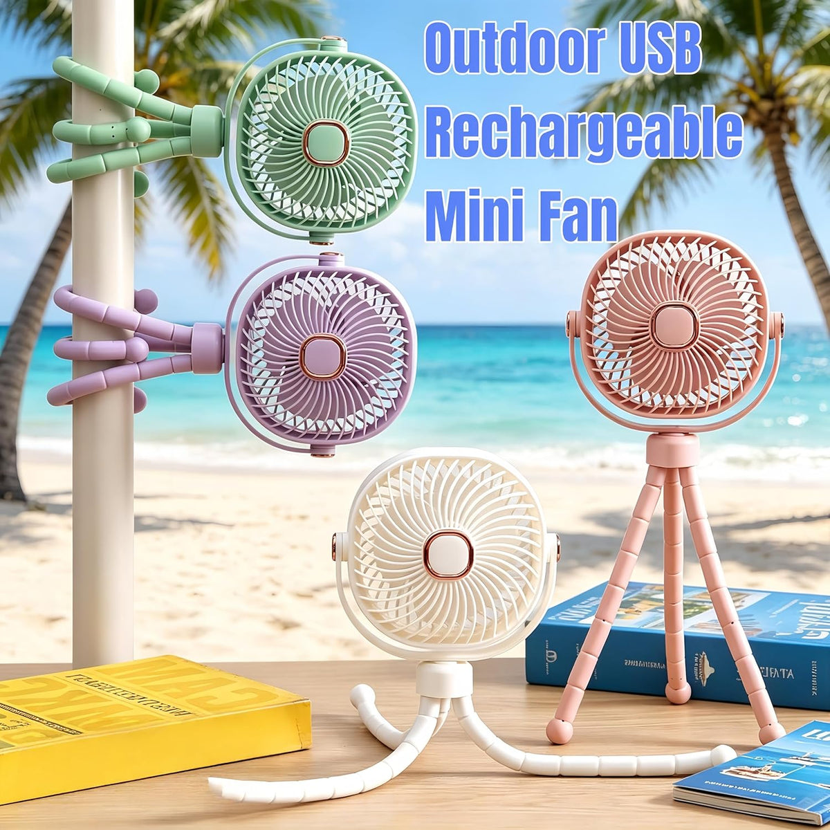 Square USB Rechargeable Octopus Mini Fan, Flexible Tripod, Phone Holder & Quiet Wind, Portable Stroller Fan (White, Large)