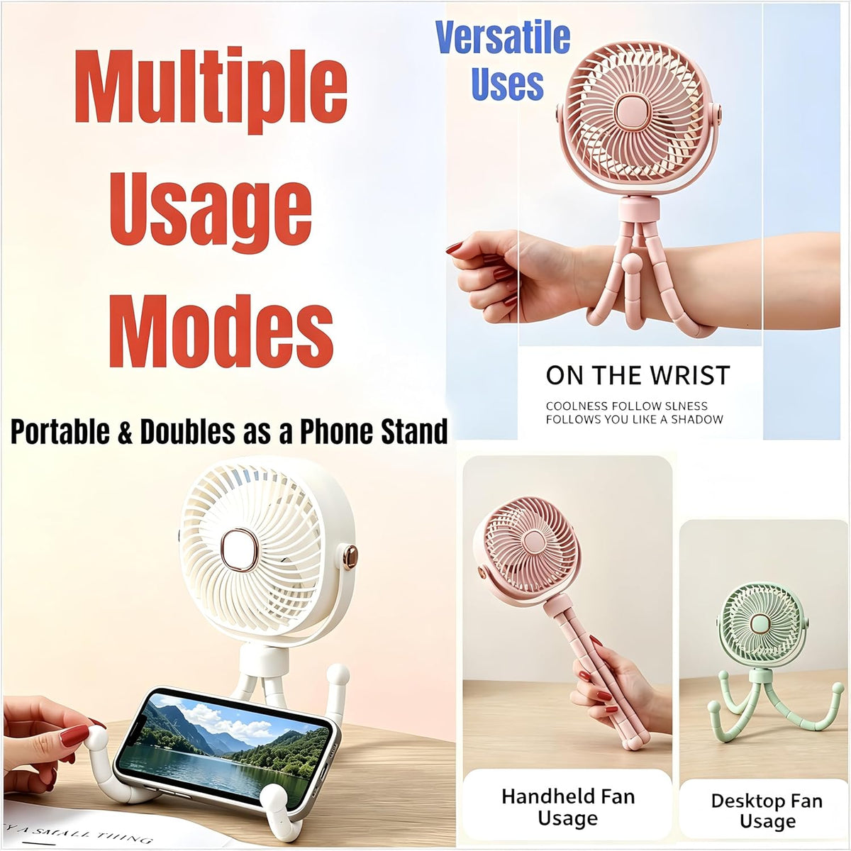 Square USB Rechargeable Octopus Mini Fan, Flexible Tripod, Phone Holder & Quiet Wind, Portable Stroller Fan (White, Large)