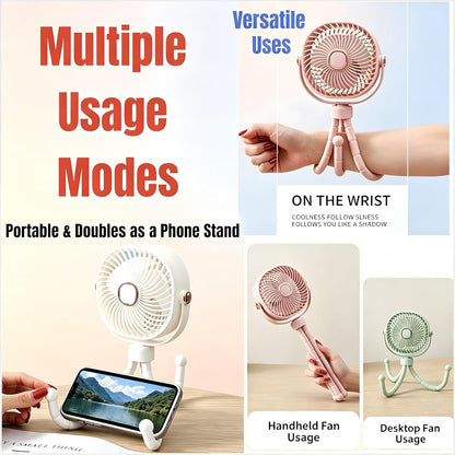 Square USB Rechargeable Octopus Mini Fan, Flexible Tripod, Phone Holder & Quiet Wind, Portable Stroller Fan (White, Large)
