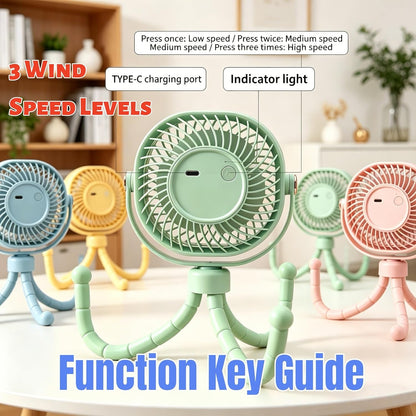 Square USB Rechargeable Octopus Mini Fan, Flexible Tripod, Phone Holder & Quiet Wind, Portable Stroller Fan (White, Large)