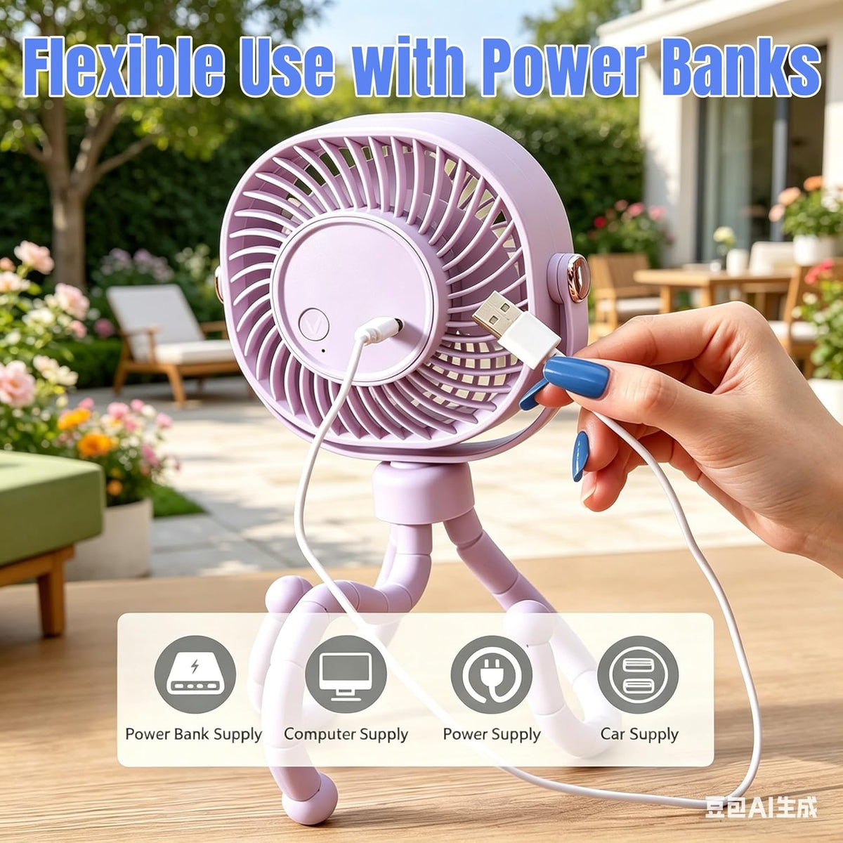 Square USB Rechargeable Octopus Mini Fan, Flexible Tripod, Phone Holder & Quiet Wind, Portable Stroller Fan (White, Large)