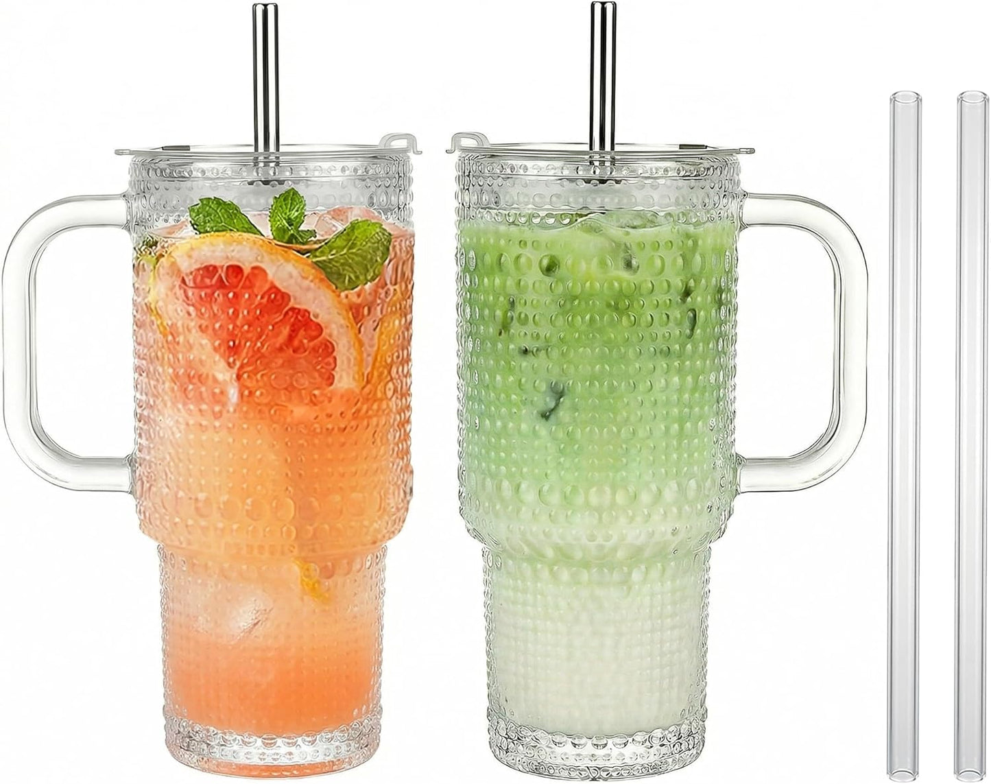 Thick Hobnail Glass Cup with Lids and Straws 18 oz, 2 Pack Upgraded Version Iced Coffee Tumbler Cups with Stainless Steel Straws and Leak-proof Sealing Lid