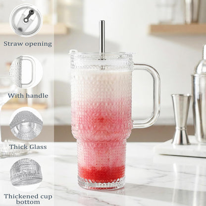 Thick Hobnail Glass Cup with Lids and Straws 18 oz, 2 Pack Upgraded Version Iced Coffee Tumbler Cups with Stainless Steel Straws and Leak-proof Sealing Lid