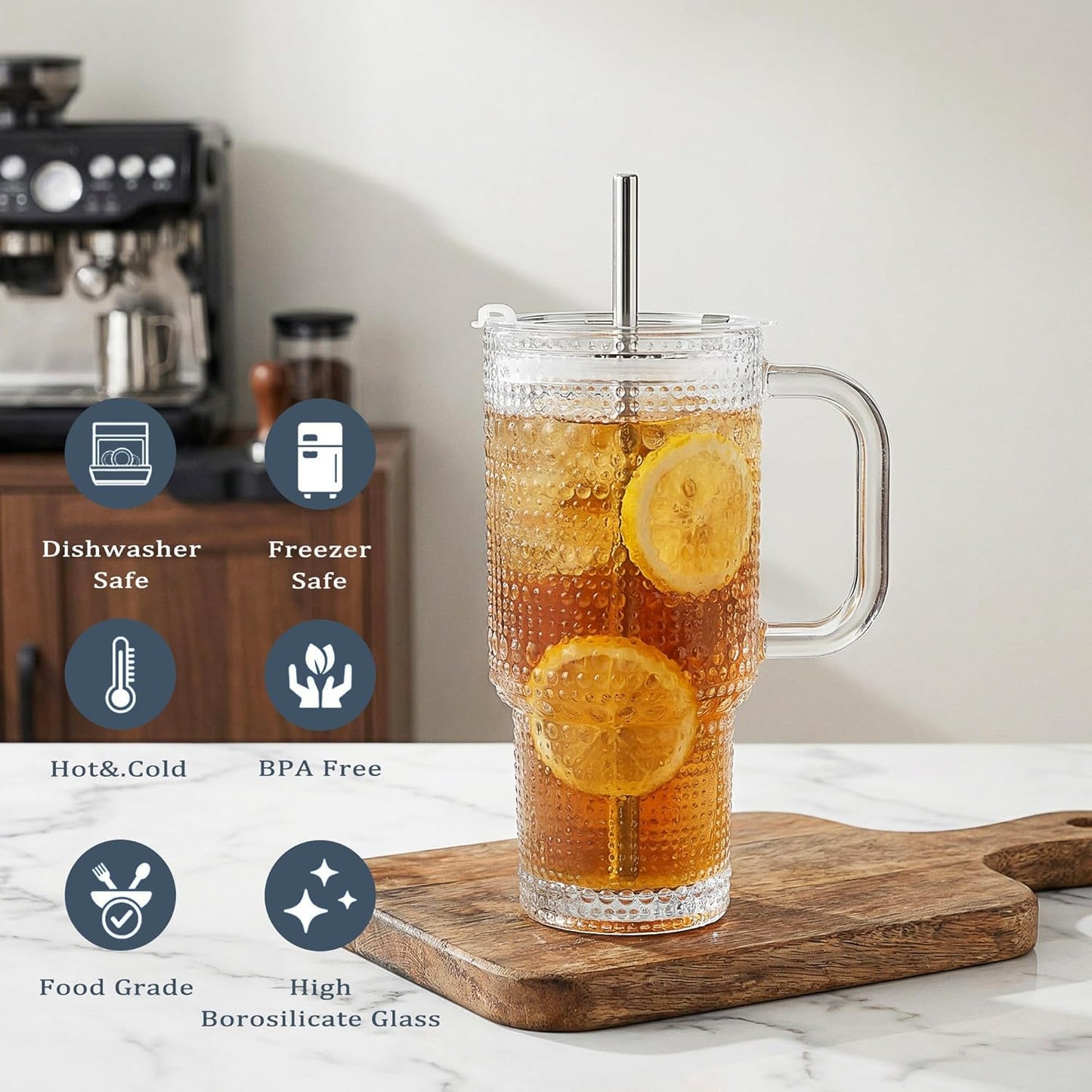 Thick Hobnail Glass Cup with Lids and Straws 18 oz, 2 Pack Upgraded Version Iced Coffee Tumbler Cups with Stainless Steel Straws and Leak-proof Sealing Lid