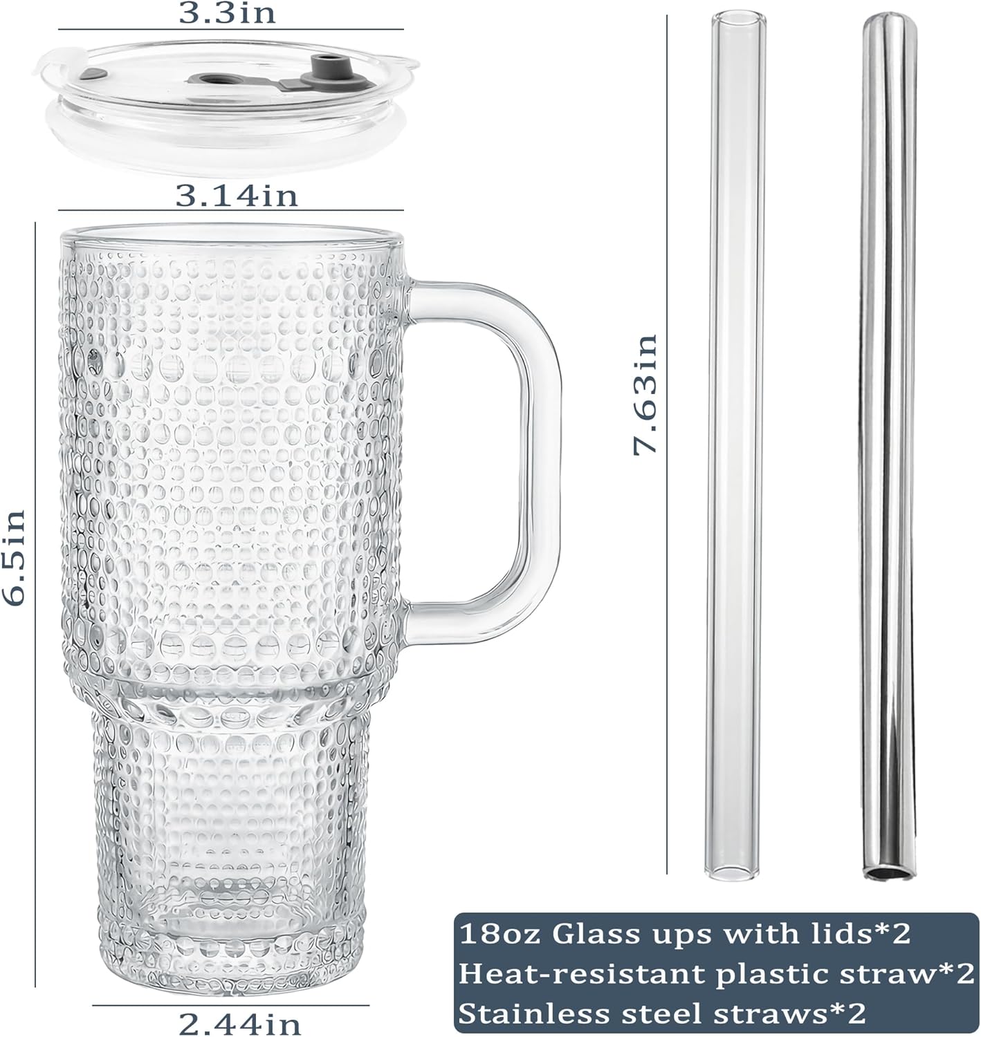 Thick Hobnail Glass Cup with Lids and Straws 18 oz, 2 Pack Upgraded Version Iced Coffee Tumbler Cups with Stainless Steel Straws and Leak-proof Sealing Lid