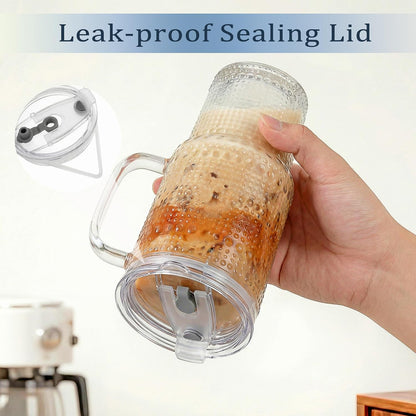 Thick Hobnail Glass Cup with Lids and Straws 18 oz, 2 Pack Upgraded Version Iced Coffee Tumbler Cups with Stainless Steel Straws and Leak-proof Sealing Lid