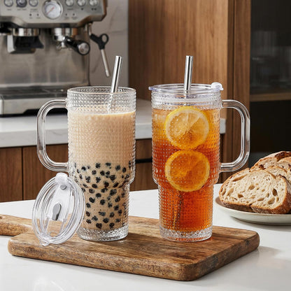 Thick Hobnail Glass Cup with Lids and Straws 18 oz, 2 Pack Upgraded Version Iced Coffee Tumbler Cups with Stainless Steel Straws and Leak-proof Sealing Lid