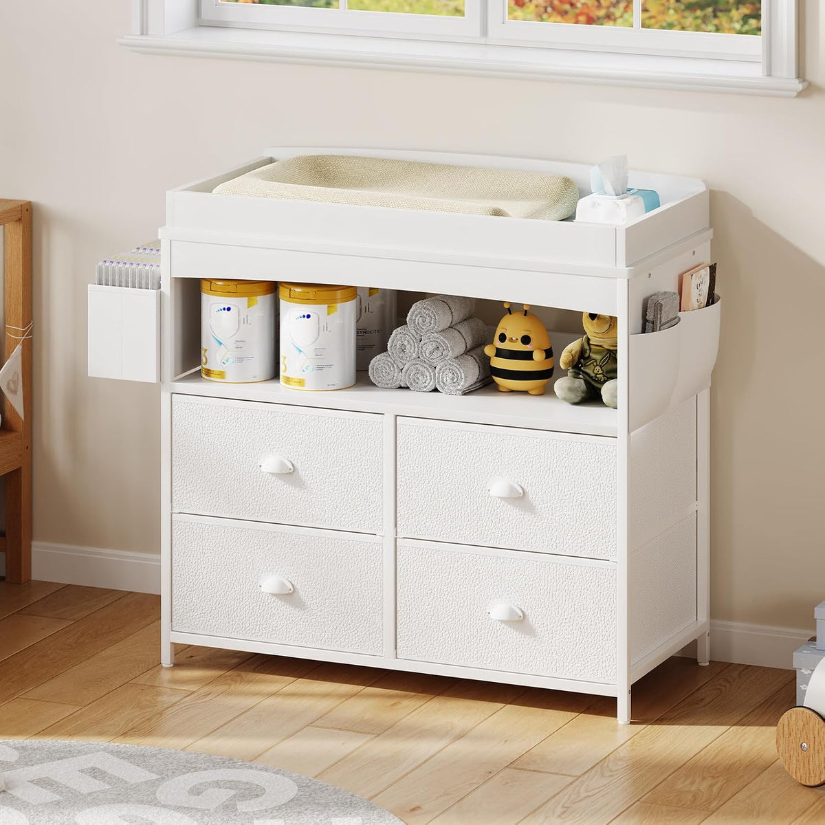 Baby Changing Table with Storage, Changing Table Dresser, Diaper Changer Crib Sleeper Fabric Drawers, Storage Dividers, Diapers Bags for Nursery Modern (6 Drawers/White)
